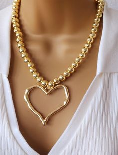 gold plated 10 mm  ball beaded necklace with big heart pendant necklace , gold plated ball bead necklace, gift for mom 10 mm gold ball bead with gold plated big heart pendant Heart Shaped Ball Chain Necklace For Gift, Heart-shaped Ball Chain Necklace Gift, Valentine's Day Gift Ball Chain Necklace, Gold Necklaces With Heart Charm And Round Beads, Heart Shaped Ball Chain Necklace For Valentine's Day, Heart-shaped Ball Chain Necklace For Valentine's Day, Gold Beaded Necklaces With Heart Charm And Round Beads, Gold Beaded Necklace With Heart And Round Beads, Gold Necklaces With Heart-shaped Round Beads