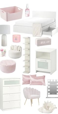 a collage of white furniture and accessories