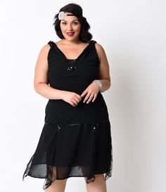 Unique Vintage Plus Size Black Hemingway Flapper Dress Black 1920s Flapper Dress For Costume Party, Black Flapper Dress For Cocktail Events, Black Cocktail Flapper Dress, Black Flapper Dress For Costume Party, Black Flapper Dress For Party, 1920s Fitted Black Flapper Dress, 1920s Black Knee-length Flapper Dress, Formal Flapper Dress For Party Season, Black Gatsby Style Knee-length Flapper Dress