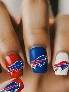 % Football Nail Designs, Football Nails, Color Block Nails, Buffalo Bills Logo, Water Marble Nails, Bills Logo