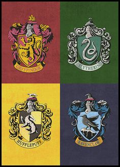 four harry potter crests are shown in four different colors