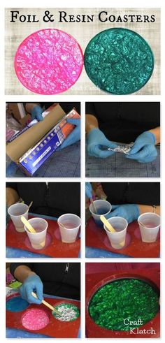 the process for making glitter and resin coasters is shown in four different pictures, including one