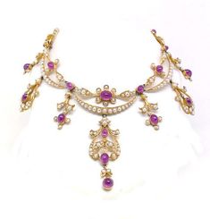 "Lady's Victorian design, pink sapphire and seed pearl festoon necklace. Beautiful piece measuring 16\" in length and fits close to the neck. This piece weighs approximately 24.8 grams and is stamped \"180\". It is in very excellent condition and would make a beautiful addition to your vintage jewelry collection." Lannister Fashion, Seed Pearl Jewelry, Pink Sapphire Necklace, Festoon Necklace, Antique Jewelry Necklace, Pearl Necklace Vintage, Fancy Necklace, Victorian Design, Gem Ring