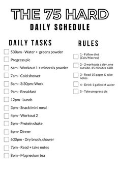 Tackle the 75 Hard Challenge with this structured daily schedule! Stay on track with workouts, hydration, nutrition, and personal growth goals. Build mental toughness, transform your body, and achieve what seemed impossible. Are you ready to commit? 🌟🔥 #75HardChallenge #DailySchedule #MentalToughness #FitnessJourney #DisciplineEqualsFreedom #TransformYourLife #HealthyHabits 75 Day Workout Plan, The 75 Hard Challenge, 75 Hard Inspo Board, Diet For 75 Hard Challenge, Diets For 75 Hard, What Is 75 Hard Challenge, 75 Hard Template, 45 Hard Challenge, 70 Days Hard Challenge