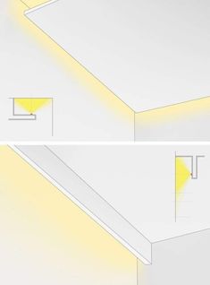 two views of a room with yellow light coming from the ceiling and on the wall