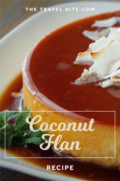 coconut flan recipe on a plate with text overlay