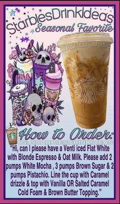 a poster advertising starbucks's iced latte with skulls and flowers on the side