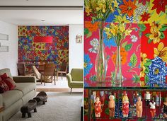 two pictures side by side, one with colorful wallpaper and the other with flowers in vases