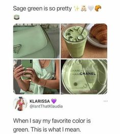 a woman holding a cell phone next to a green smoothie in a cup with the caption sage green is so pretty