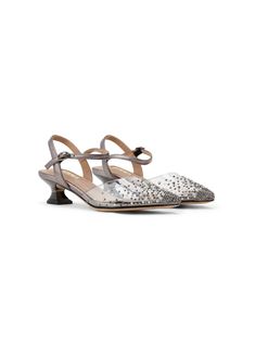 gunmetal grey calf leather crystal embellishment pointed toe buckle-fastening ankle strap branded insole 35mm low sculpted heel Closed Toe Sandals, Embellished Sandals, Gunmetal Grey, Crystal Embellishment, Girls Shoes, Calf Leather, Ankle Strap, Shoes Sandals, Buckle