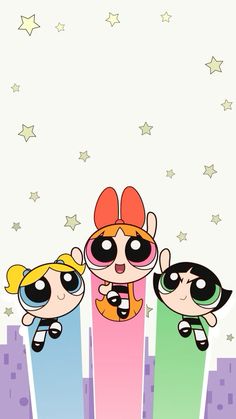 the powerpuff girls wallpaper with stars in the sky and three cartoon characters