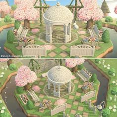 two different views of a park with flowers and trees in the middle, one showing a gazebo