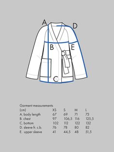 an image of a jacket with measurements for the front and back, on a gray background