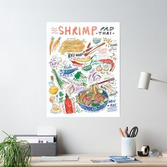 a poster on the wall above a desk with a plant and other office supplies in front of it