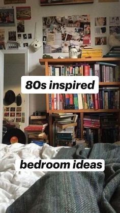 a bedroom with bookshelves and pictures on the wall above it that reads 80's inspired bedroom ideas