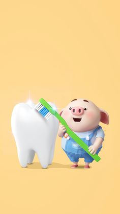 a cartoon pig holding a toothbrush in front of a toothpaste shaped tooth