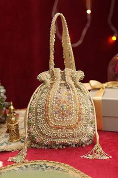 Shop for Lovetobag Amara Embellished Potli Online at Aza Fashions Traditional Bags, Bag Photoshoot, Embellished Embroidery, Embellished Purses, Purple Handbags, Potli Bag, Vintage Evening Bags, Japanese Beads, Bridal Bag