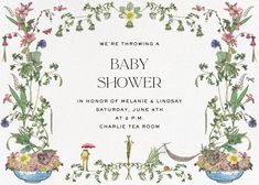 a baby shower is shown with flowers and plants in the center, on a white background