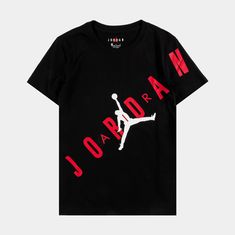 The Jordan Boys Stretch Out Tee is a must-have for any Jordan fan. This shirt is embellished with an enlarged Jumpman front graphic. Black Embroidered T-shirt For Streetwear, Black Graphic Short Sleeve Top, Black Short Sleeve Top With Graphic Design, Black Graphic Design Short Sleeve Top, Black Shirt With Front Print For Summer, Casual Streetwear Shirt With Embroidered Graphics, Black Cotton Tops With Front Print, Black Cotton Shirt With Graphic Design, Black Crew Neck Top With Front Print