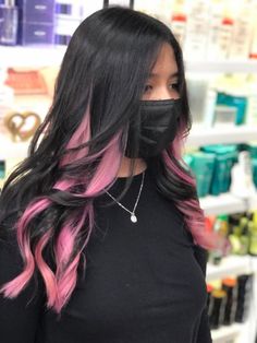 Pastel Pink Highlights In Black Hair, Black Hair Pink Money Piece, Black Hair With Pink Tips, Black Hair With Pink Highlights, Black And Pink Hair, Zodiac Magic, Hair Dyed Underneath, Two Color Hair, Pink And Black Hair