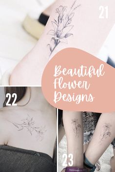 four different pictures with flowers on them and the words beautiful flower designs written in white ink