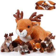 several stuffed animals are arranged in the shape of a deer and two smaller ones with horns on their heads