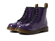 Dr. Martens Kid's Collection 1460 (Little Kid/Big Kid) - Kid's Shoes : Blackcurrant Patent Lamper : Scaled down, but big in spirit, these Dr. Marten's Kid's Collection 1460 Boots were designed with the next generation of rebels in mind. These classic leather ankle boots feature an iconic eight-eyelet lace-up closure and an easy-breezy side-zip opening so your little firebrand can keep moving without a fuss. Retains classic Docs DNA including grooved edges, yellow stitching and a scripted heel lo Platform Boots Kids, Goth Boots For Kids, Doc Martens Boots Kids, Fitted Casual Boots For Streetwear, Casual Fitted Boots For Streetwear, Casual Purple Boots For Streetwear, Swag Shoes, Keep Moving, Easy Breezy