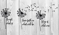 three dandelions with words on them