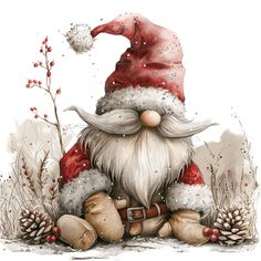 a watercolor painting of a santa clause sitting on the ground