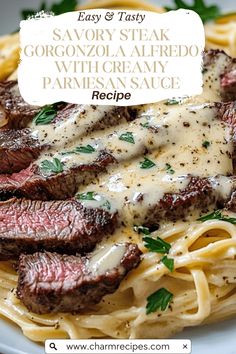 steak with cream sauce on top of pasta