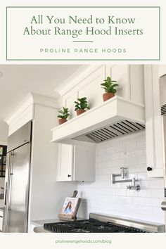 a kitchen with white cabinets and green plants on the top shelf above the range hood