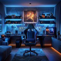 a gaming room with blue lighting and furniture