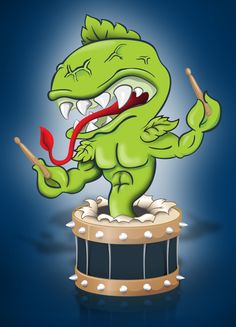 a cartoon character is playing the drums with his mouth wide open and tongue out,