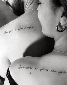 a man and woman are looking at each other with tattoos on their backs that say, suppre e faire sempre