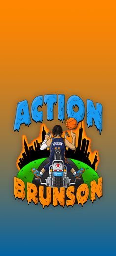 the action brunson logo is displayed on an orange and blue background, with a man holding a basketball in his right hand