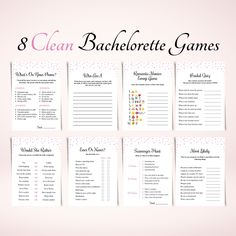 the 8 clean bachelor game is shown in pink and white with polka dots on it