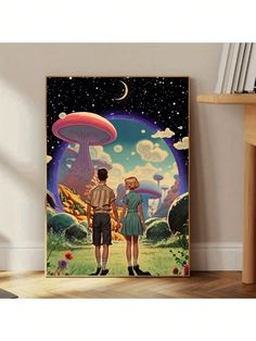 the back side of a poster with an image of two people standing in front of a mushroom