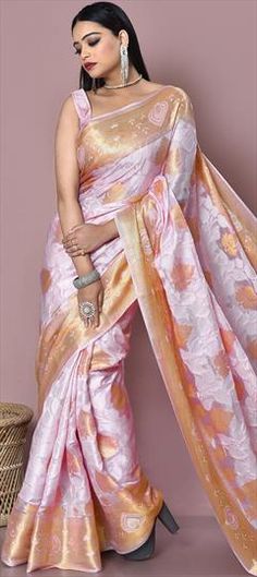 Pink and Majenta color Saree in Banarasi Silk, Silk fabric with Weaving, Zari work Traditional Drape Wear With Cutdana For Marriage, Traditional Wear With Cutdana For Marriage, Bollywood Style Saree For Marriage, Traditional Marriage Wear With Pallu, Festive Semi-stitched Traditional Wear For Marriage, Traditional Saree With Dupatta For Marriage, Bollywood Style Dupatta With Pallu For Marriage, Festive Wedding Saree, Festive Marriage Saree