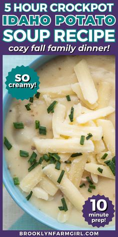 a blue bowl filled with a creamy broth with potatoes and topped with cheese and chives Kid Friendly Soup Recipes, Food For Fall, Kid Friendly Soup, Slow Cooker Potato, Simply Potatoes, Slow Cooker Potato Soup, Loaded Potato Soup