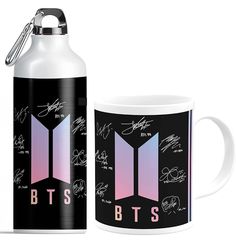 the bts mug and water bottle are next to each other