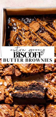 chocolate brownies in a box with caramel drizzle on top and the words,