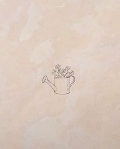 a drawing of a watering can with flowers in it on a beige wallpaper background