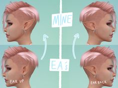 three different views of a woman's face with pink hair and earrings