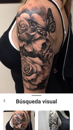 a woman's arm with roses and butterflies on it