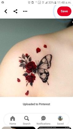 the back of a woman's shoulder with roses and a butterfly on it