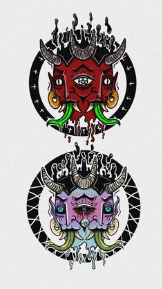 three different colored designs on white paper with black and red ink, each depicting an evil demon