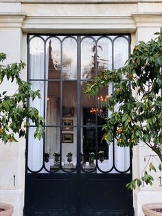 the front door to an apartment building with glass doors and potted plants on either side