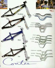 an advertisement with different types of bikes and parts for each bike, including the front wheel