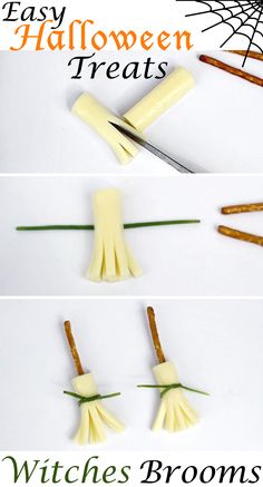 three pictures showing how to make halloween treats with witches brooms and fake toothpicks