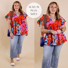 Model is wearing an orange mix floral top with a babydoll hem and deep v neckline. Model has it paired with cropped jeans, white heels, gold jewelry, and a blue purse. Watercolor Floral Print, Giddy Up Glamour, Cut Offs, Tropical Vibes, V Neckline, Watercolor Floral, Floral Top, Floral Watercolor, Medium Size